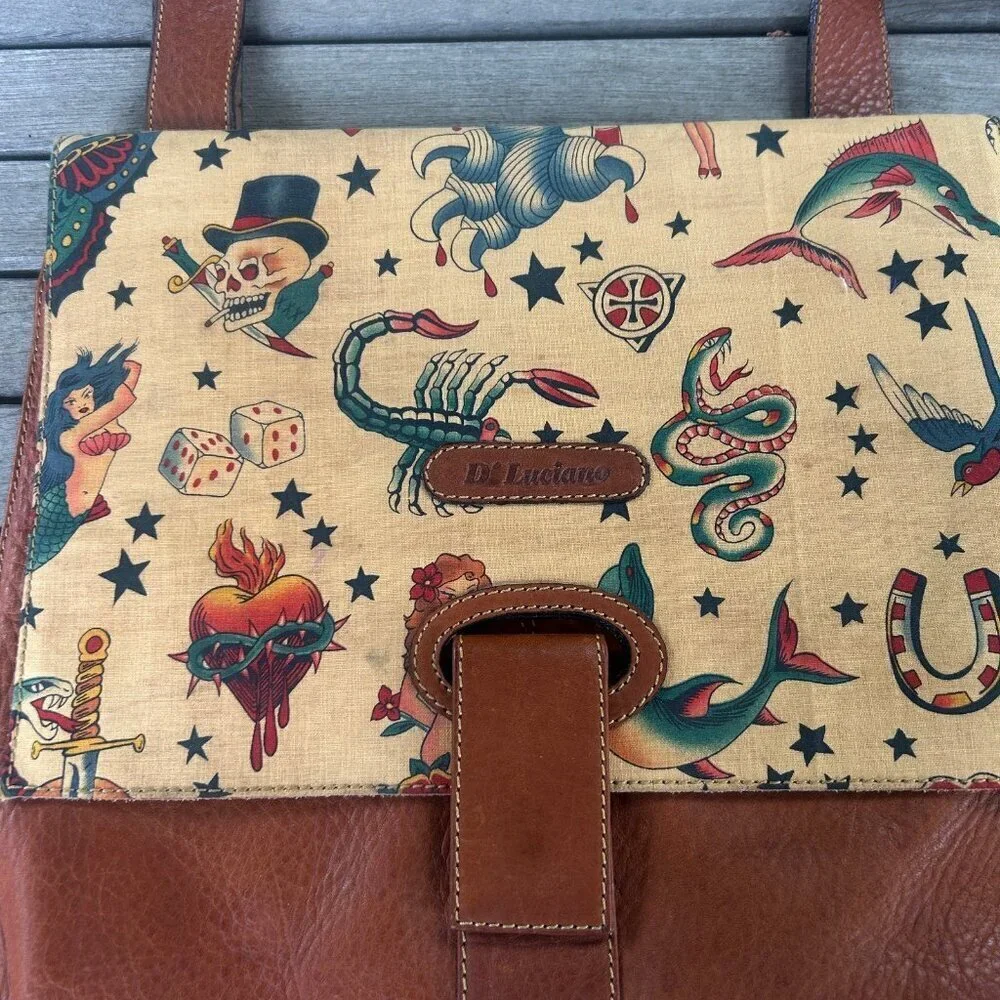 D'Luciano Leather and Canvas Graphic Snake Skull Heart Mermaid Crossbody Purse